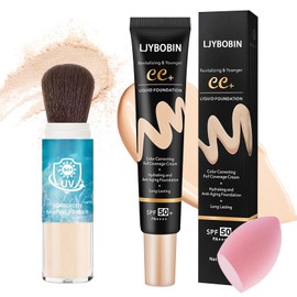 Hydrating CC Cream with Makeup Sponge,Waterproof Flawless Concealer Full Coverage BB Cream and Loose Setting Powder,Long Lasting Full Coverage Liquid Foundation for Men & Women（2 Pcs）