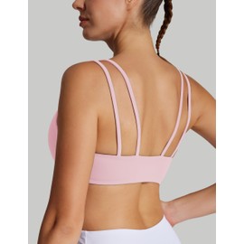 AugIris Yoga Sports Workout Bras for Women Seamless Molded Cup Spaghetti Double Strap Bra Wirefree Scoop Neck Tank Top Bras Light Pink