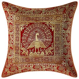 Stylo Culture Ethnic Brocade Couch Lounge Scatter Cushion Covers 16x16 Inch Red Gold Dancing Peacock 40cm x 40cm Jacquard Square Decorative Floral Throw Pillowcase - (1 Pc)