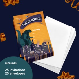 Coastal Palm Godzilla Happy Birthday Invitations Invite Cards (25 Count) With Envelopes Boys Girls Kids Party (25ct Design 1)