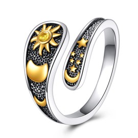 POPLYKE Sun and Moon Rings 925 Sterling Silver Moon and Star Ring Spoon Rings Women's Open Rings Adjustable 6-8# Sun Moon Star Jewellery, Sterling Silver, Tiger Eye