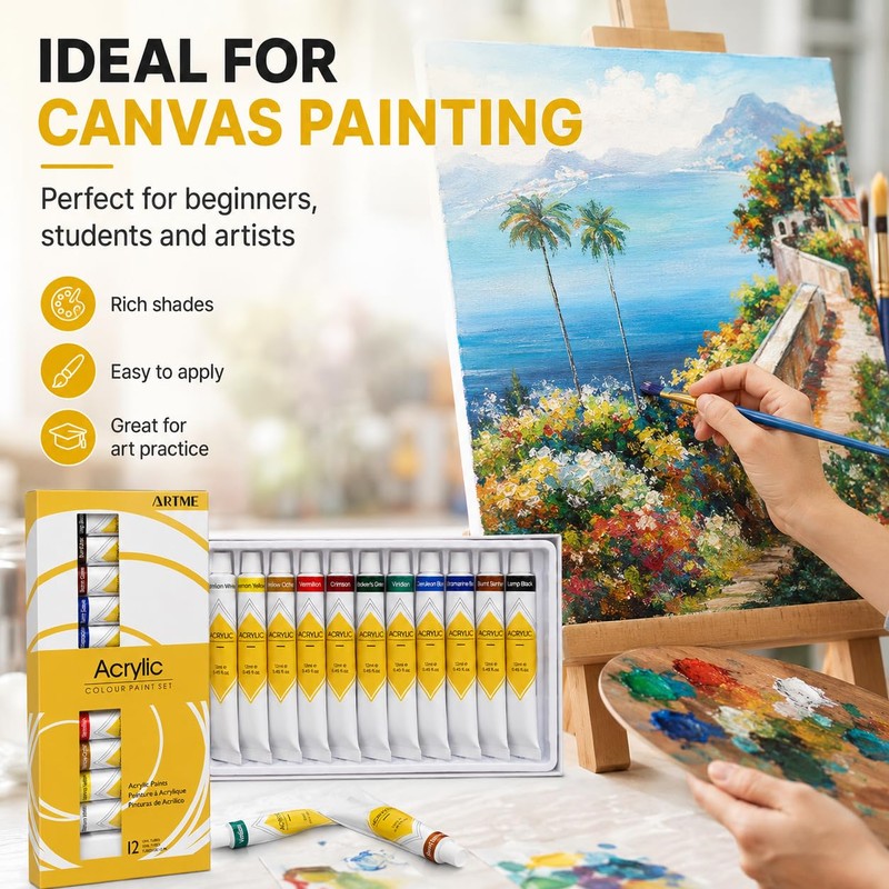 Artme Acrylic Paint Set, 12 x 12ml Tubes, Non-Toxic Rich