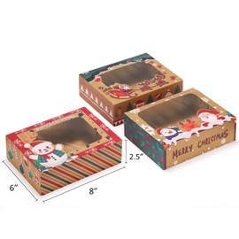 Eupako Christmas Cookie Boxes, 8x6x2.5 Christmas Food Bakery Boxes with Window, Kraft Xmas Gift Box Treat Boxes for Holiday Gift Giving (Pack of 24)