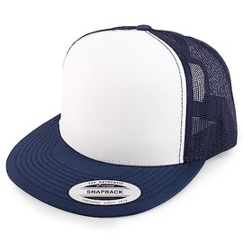 Trendy Apparel Shop Flexfit Brand 5 paneles 2 tonos de malla plana clásica Snapback Cap, Blanco/Azul Marino, Talla única