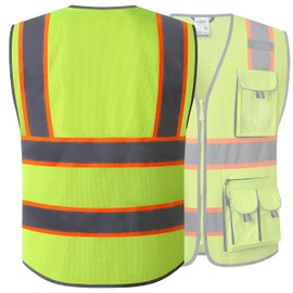 JKSafety 10 Pockets Hi-Vis Neon Color Frontal Zipper Mesh Safety Vest for Men Women Safety Utility for works Comply to ANSI/ISEA Class 2 (86-Yellow XL)