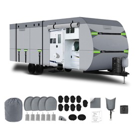 24-27FT RV Cover Upgraded 8 Layers Top Windproof Travel Trailer Camper Cover Cover for 24' to 27' RV, with Tire Cover,Hauler Cover Tongue Jack Extra Long Windproof Ropes