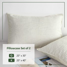 L Linen World Striped Linen Pillow Cases Set of 2,20"x30" Standard/Queen Size,100% French Natural Flax Soft Linen Pillowcases,Olive Green Pinstripe