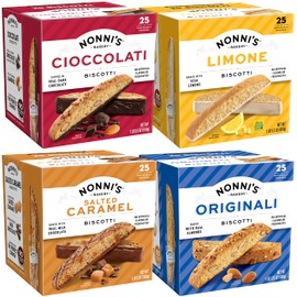 Nonni’s Biscotti Variety Pack – 4 Flavors (Originali, Cioccolati, Limone, Salted Caramel) – 100 Individually Wrapped Italian Cookies, Crunchy Almond, Kosher & Vegetarian, 5.1 lb