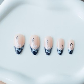 Flower Short Press on Nails Almond Blue French Tip Fake Nails Full Cover False Nails for Women Manicure 24 Pcs (Blue-24, M-24)