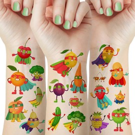 64 Pcs Cartoon Fruit Vegetable Temporary Tattoos for Kids, Birthday Party Decorations Supplies Favors, Apples Bananas Pears Cucumber Eggplant Chili Pumpkin Fake Tattoo Stickers for Boys Girls