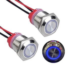 DMWD 2Pcs 16mm Metal Latching Push Button Switch Waterproof 7Amp 12V-24V ON-Off 1NO with Cable for 5/8" Mounting Hole (Self-Locking Blue LED)