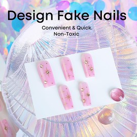 Press on Square Nails Medium Glossy Full Cover Acrylic Pink False Nails with Gold Star Designs Artificial Square Shaped Fake Nails with Charm Glue ons Nails Stick on Fingernails for Women Girls