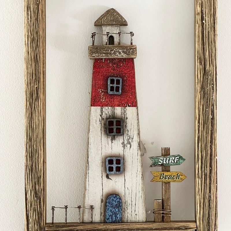 Framed Coastal Lighthouse Wall Decor Rustic Wood Hanging Rectangle Nautical