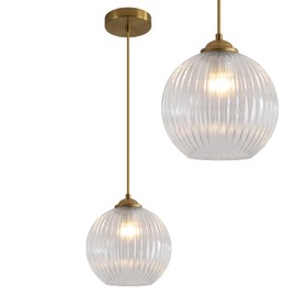 Magiroz Modern 1 Light Clear Glass Pendant Lights Kitchen Island Large Brushed Gold Pendant Light Vintage Adjustable Height Hanging Globe Ceiling Light Fixture for Dining Room Bedroom Hallway MPL30-B