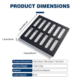 Cast Iron Drain Grate, 10 * 10in Outdoor Drain Cover, B125 Class Ductile Iron Channel Drainage Grates, Heavy Duty Sewer Grate,Black Square Drain Grate for Yard,Driveway,Concrete Floor.
