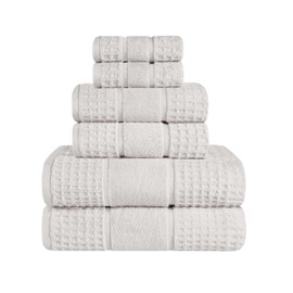 Superior Cotton 6-Piece Towel Set, Zero Twist, Waffle Border, Bathroom Essentials, Shower, Spa, Luxury Plush Soft Absorbent Towels, Includes 2 Bath, 2 Hand, 2 Washcloth/Face Towels, Stone Grey