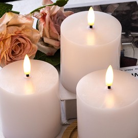 White Flameless Candles Set of 3 (3"x3") Battery Operated LED Pillar Candles with Remote and Timer, Real Wax Flickering Candles for Fireplace Bedroom Living Room Home Decor and Indoor Use