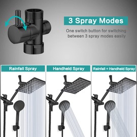 Tudoccy Shower Head, 8‘’ High Pressure Rainfall Shower Head/Handheld Shower Combo with 11'' Extension Arm, 9 Settings Anti-leak Shower Head with Holder, Height/Angle Adjustable, Matte Black