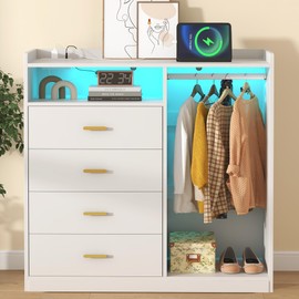 Bigbiglife Dresser with Clothes Rack for Bedroom Wood, 4 Drawer Dresser White with LED Lights and Power Outlet, 15.7" D x 43.3" W x 45.7" H, Tall Storage Chest of Drawers with Flexible Shelf,White