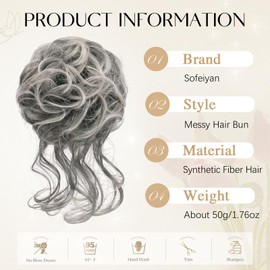 Sofeiyan Messy Bun Hair Piece Curly Wavy Hair Bun Extensions Synthetic Tousled Updo with Tendrils Hairpieces Bun Donut Accessories Scrunchies for Women, Black Mix Grey Tips