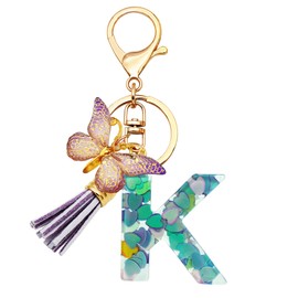 TTYY Initial Letter Keychains for Girls Women Pink Purple Green Cute Butterfly Heart Keychain for Backpack School Bag (purple heart Letter K)