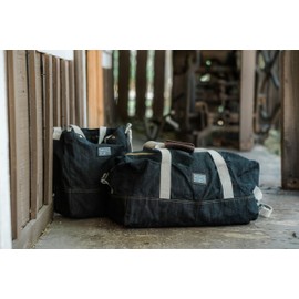 Barebones Neelum Duffel Bag – 40L Waxed Denim Travel Duffel with Full-Grain Leather Handles, Internal Pockets & Removable Strap – Durable Overnight or Weekend Bag for Men & Women