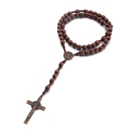 TINAYAUE Christians Prayer Wooden Catholic Rosary Necklace with Saint Benedict Medal & Jesus Cross Pendant Handmade Smooth Wood Beads Religious Chain with Pouch for Men Women Communion, Baptism
