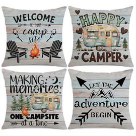 Happy Camper Throw Pillow Covers Set of 4 20" x 20" Vintage Rustic Wood Camper Saying Welcome to Our Camper Let The Adventure Begin Throw Pillow Case Camper Rv Home Outdoor Decorative Cushion Cover