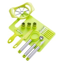 15-Piece Melon Baller Set, Stainless Steel Vegetable and Fruit Baller, Platter Tool Set, Pulp Separator for Fruit Slicing and Peeling for Kitchen, Potluck, Camping, Picnic (Green)