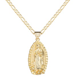 SAELACY 18K Gold Plated Virgin Mary Guadalupe Pendant Necklace for Women Men 3mm Flat Figaro Chain Necklace 18/22 inches, Copper, No Gemstone