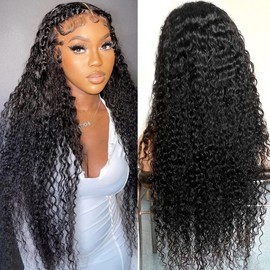 SYHGK 13x6 Deep Wave Lace Front Wigs Human Hair Wigs HD Transparent Deep Curly Lace Frontal Glueless Wigs Human Hair Lace Front Wigs Pre Plucked 150% Density Natural Black 36 Inch