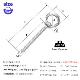 2 PCS Eye Screw Hooks Heavy Duty Self Tapping Eye Bolts for Wood, 304 Stainless Steel Heavy Duty Hammock Hooks for Hanging Hammock Swing Yoga Plants Fans Speakers, Silver(M8x120 mm),LXLVOUEG