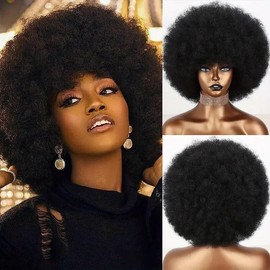 Soul Lady [Soul Lady] Fluffy Afro Wigs - Glueless Human Hair Wigs for Women and Girls - Bouncy and Soft Natural Looking Hair Wigs with Bangs - Natural Color - Size: 10