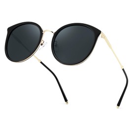 FEISEDY B1326 Women's TAC Polarized Sunglasses, UV400, UV Protection, TR90, Driving, Fishing, Climbing, Shopping, Travel, Stylish, Round, Black