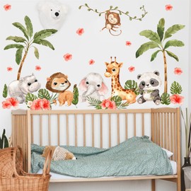 Jungle Animals Wall Decals Safari Nursery Decor Elephant Giraffe Lion Monkey Wall Sticker for Kids Baby Room Watercolor Animal Palm Leaf Wall Stickers for Boys Girls Bedroom Playroom Decoration