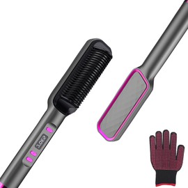 DGXWLLW Hair Straightener Brush, Ring Hair Straightener Comb, Negative Ion Thermal Brush for Women, 30s Fast Heating 320°F to 428°F, 4 Temp Modes with Led Display, Auto-Off, Dual Voltage, Gray