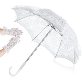 Saintrygo White Lace Parasol Umbrella Wedding Bridal Flowers Embroidery Umbrella Vintage Romantic Umbrella with Floral Lace Wrist Gloves for Women Wedding Party Photo Props Lady Costume Accessory