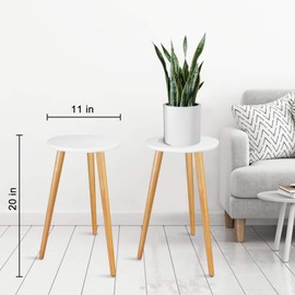 Uneedem Indoor Plant Stand - Mid Century Wooden Plant Table, Tall Holder for Flower Pots, Small Round End Table (A3-White, High: 20.5")
