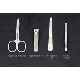 HK Manicure by Hans Kniebes - Pocket Manicure - 4-Piece Set with Nail Scissors, Clippers, Nail File and Tweezers - Manicure Case Made of Amalfi Full Cowhide Leather Black