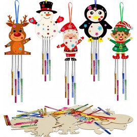 HBell Christmas Wooden Wind Chime Kits,Christmas Wooden Ornaments,Santa Claus Reindeer Snowman Penguin Elf Windchimes for Xmas Tree Hanging Decoration Kids Arts Painting DIY Crafts