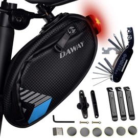 DAWAY Bike Repair Kit with Taillight A36 Waterproof Bicycle Saddle Bag, 16 in 1 Multi Tool, Glueless Tyre Tube Patches, Tire Levers Included, Practical Cycling Under Seat Pack Set