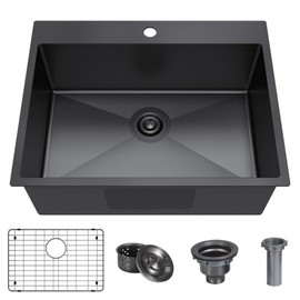 25x22 Inch Black Drop In Kitchen Sink, 25 Inch Gunmetal Black Kitchen Sink Top Mount 18 Gauge Stainless Steel Single Bowl Deep KitchenSink With Grid Handmade KitchenSink Drop In