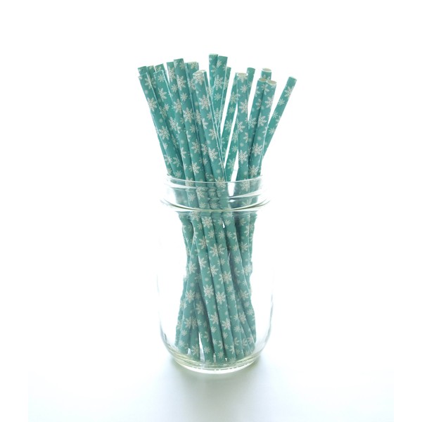 Frozen Snowflake Straws (25 Pack) - Christmas Straws, Teal Green Blue Paper Straws, Winter Snow Flakes Party Supplies