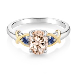 Gem Stone King 925 Silver and 10K Yellow Gold Peach Morganite and Blue Created Sapphire Ring For Women (1.09 Ct tw, Gemstone Birthstone, Available In Size 5, 6, 7, 8, 9)