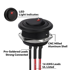 acegoo 12 V Rocker Switch Round Aluminium 20 A On/Off SPST Switch, 24 V Rocker Switch 14 AWG Pre-Wired Cable for Motorhome Boat Truck Car 25 mm Hole (1 Piece, Red Indicator)