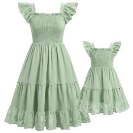 AWIBMK Mommy and Me Dress Boho Summer Casual Holiday Mother Daughter Matching Ruffle Sleeve A-line Tiered Smocked Dress Green M