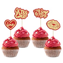 Gyufise 24Pcs Valentine's Day Cupcake Toppers Gold Red Glitter Heart Be Mine Kiss Me Lipstick Cupcake Picks Valentine's Day Theme Wedding Engagement Bridal Shower Birthday Party Supplies