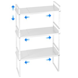KIKIBRO Expandable Cabinet Shelf Organizer, Stackable Kitchen Pantry Counter Storage, Adjustable Closet Cupboard Stand Rack Risers Spice Organization, 80LBS Heavy Duty, White 3 Pack