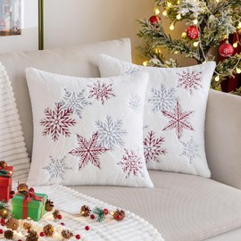 MIULEE Pack of 2 Christmas Decorative Throw Pillow Covers Soft Faux Fur Pillow Cases with Embroidery Snowflake Winter Cute Pillowcases Holiday Decor for Couch Sofa Bedroom, 16 x 16 Inch, Red