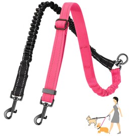 SlowTon Double Dog Leash Coupler, No Tangle 360° Swivel Dual Leashes for Walking 2 Dogs, Adjustable Length Reflective Splitter Leash for Training, Small Dogs （Black&Pink）
